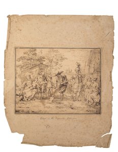 Les quatre âges de la vie: Syv figurer i en have, en graver med en spade (pen og brunt blæk) af Claude Gillot
