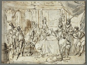 Skuespillerne gør klar (recto); Studier af den hellige familie og Johannes Døberen (verso) af Claude Gillot
