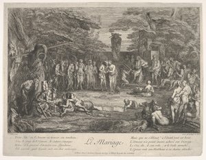 Ægteskabet Le Mariage: i en skov gifter en gammel satyr sig med den forlovede i cen..., ca. 1700-1720. af Claude Gillot