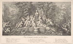 Dianafestivalen, afbrudt af satyrerne Feste de Diana, perturbée par des Satyres..., ca. 1786. af Claude Gillot