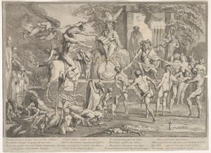 Heksesabbat, i et natligt landskab, en necromancer siddende øverst i midten..., ca. 1700-1720.