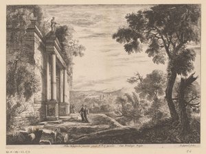 Landskab med figurer foran en gammel ruin af Claude Goyrand