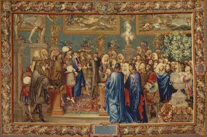En audiens givet af Ludvig XIV til greven af Fuentes... ved Louvre, 24. marts 1662, ca. 1730. af Claude I, Ballin
