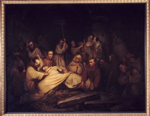 Greven af Comminges. Sidste scene af mindesmærkerne for greven af Comminges, der repræsenterer greven af Comminges, der anerkender Adelaide efter hans død. Maleri efter romanen af Francois de Baculard d