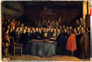 Freden i Westfalen, edsaflæggelsen efter ratificeringen af freden mellem spanierne og Needlanderne, på Munster Rådhus den 15/05/1648. De afsluttede Trediveårskrigen. Maleri af Claudius Jacquand