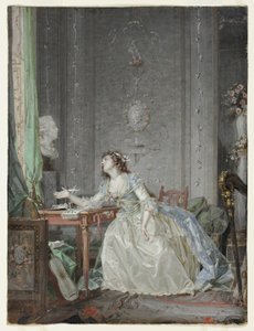Interiør med et portræt af en ung dame før en buste af Claude Jean Baptiste Hoin