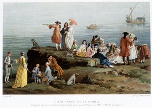 Joseph Vernet og hans familie - repro fra det 19. århundrede. af et fragment af udsigten over havnen i Marseille malet af Vernet i 1753 (Louvre Museum)