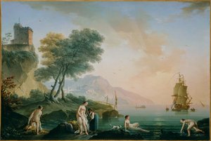 Badende piger ved kysten (maleri på lærred) af Claude Joseph Vernet