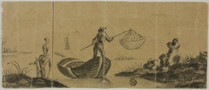 Chinoiserie med mand, der fisker fra båd, kvinde og barn stående på kysten af Claude Joseph Vernet