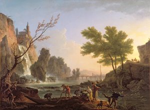 Fisker i et landskab med en kaskade og en bro af Claude Joseph Vernet