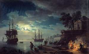 Måneskinsfiskeri Natudsigt over en havn med mænd, der laver bål. Maleri af Joseph Vernet af Claude Joseph Vernet
