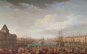 Morgenudsigt over den indre havn i Marseille og pavillonen i Horloge du Parc, 1754