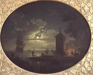 Nat: Et månebelyst kystlandskab med Fisherfolk ved en ild på en kaj, en krigsmand hinsides af Claude Joseph Vernet