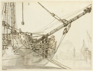 Studie af et krigsskibs stævn med britiske krigsskibe og Napolis havn bagved af Claude Joseph Vernet