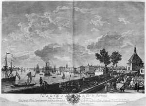 Udsigt over byen og havnen i Bordeaux set fra Chateau Trompette, serie af "Les Ports de France", indgraveret af Charles Nicolas Cochin den yngre af Claude Joseph Vernet