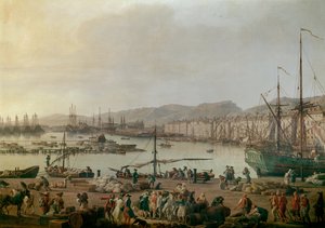 Udsigt over havnen i Toulon Detail, den gamle havn, udsigt fra butikkernes kyst. Maleri af Joseph Vernet (1714-1789) 1756. Paris, Musee de la Marine - Udsigt over havnen i Toulon. Detalje. Maleri af Joseph Vernet (1714-1789), olie på lærred