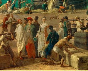 detalje af: Havnen i Marseille i det 18. århundrede”” Detalje, der repræsenterer losning af varer. Maleri af Joseph Vernet (1714-1789) Paris fra det 18. århundrede. Marine Museum af Claude Joseph Vernet