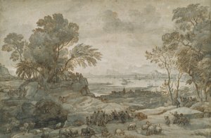Landskab med Kristus, der prædiker bjergprædikenen (pen og brunt blæk med grå vask på papir) af Claude Lorrain