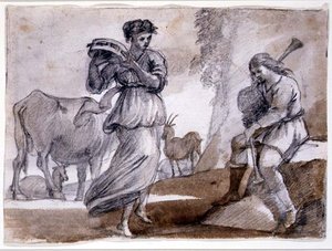 Rural Dance (sort og rødt kridt og vask på papir) af Claude Lorrain