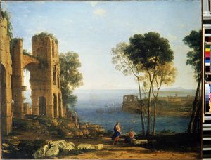 Kystudsigt med Apollo og den cumæiske sibylle. Maleri af Claude Gellee kendt som Claude Le Lorrain (1600-1682)