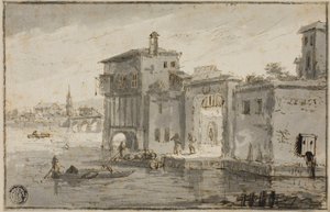 Bygninger ved siden af lagunen af Claude Lorrain