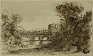 Italiensk flodlandskab med bro med tårn af Claude Lorrain