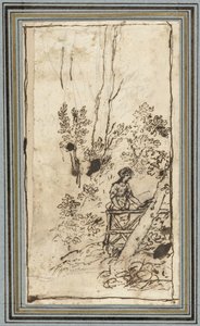 Ung kvinde står ved et hegn i en skov Studier af dyr fra Dyrealbummet. (serietitel) af Claude Lorrain