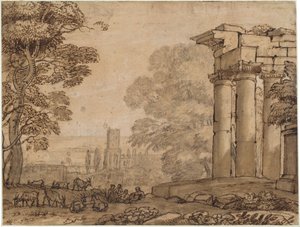 Landskab med ruiner, pastorale figurer og træer af Claude Lorrain
