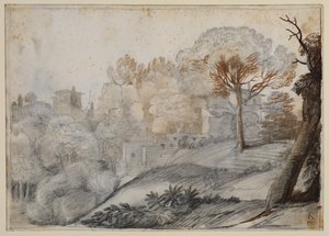 Landskab med træer og bygninger af Claude Lorrain