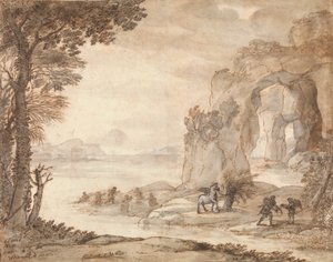 Perseus and the Origin of Coral, c.1671 (sort kridt, sepia og sort blæk, sepia og grå vask med hvid) af Claude Lorrain