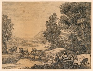 Hyrde og hyrdinde taler sammen i et landskab af Claude Lorrain