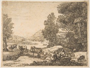 Hyrde og hyrdinde taler i et landskab, ca. 1651. af Claude Lorrain