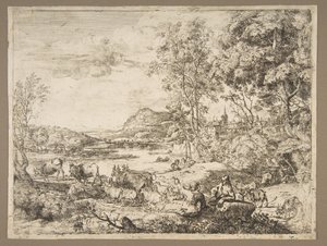 Hyrde og hyrdinde taler i et landskab, ca. 1651. af Claude Lorrain