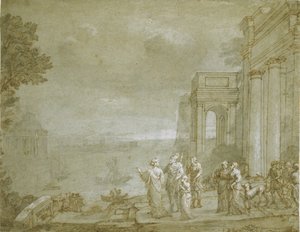 Udsigt over Karthago med Dido og Aeneas, 1676 (pen og blæk med vask og kridt, forhøjet med hvidt på papir) af Claude Lorrain