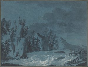 River Rapids ved Wooded Cliffs af Claude Louis Chatelet