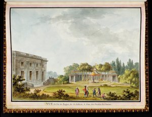 "Vue de Jeu de Bague, de Sa Gallerie, & d"une des Façades du Chateau", fra The Queen