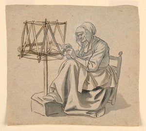 Tegning, En gammel kvinde, der spinder, 1810-30 af Claude Louis Desrais