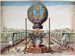Montgolfiere-brødrenes oplevelse den 19. oktober 1783 i Monsieur Reveillons have, faubourg Saint Antoine i Paris. Gravering af Desrais Claude Louis Desrais (1746-1816)