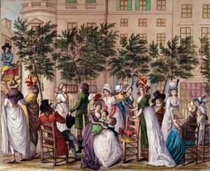 Mode under bestyrelsen: "Le petit Coblenz", promenaden Boulevard des Italiens i Paris. Litografi af Claude Louis Desrais (1746-1816) 1798. Paris, Musee Carnavalet af Claude Louis Desrais