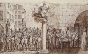 Enken Morin og hendes datter Angelique Delaporte på Conciergerie og straffet med at blive lænket offentligt for forbrydelsen afpresning med vold af underskrifter, 1812 (pen, blæk & vask på pap af Claude Louis Desrais