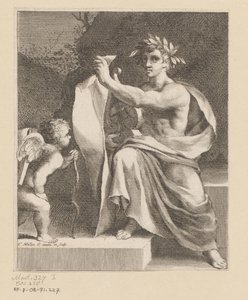 Apollo sætter en amor Titelside for: Eremiten François Tristan Sieur du Soliers, The Loves of Tristan, 1638 af Claude Mellan
