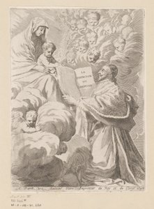 Armand-Jean du Plessis, hertugen af ​​Richelieu, præsenterer en bog til Maria med barn Titelside for: Armand-Jean du Plessis hertug af Richelieu, Traité de la perfection du chrétien af Claude Mellan