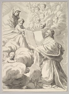 Kardinal Richelieu, Knælende, præsenterer sin bog til jomfruen og barnet, ca. 1646. af Claude Mellan