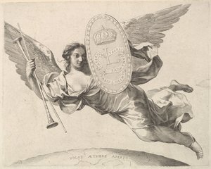 Berømmelse bærer et skjold med initialen af Louis XIV La Renommée volant. af Claude Mellan