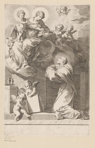 H. Bernard knæler foran en åbenbaring af Jomfru og Barn Titelside for: Sankt Bernardus, Divi Bernardi Abbatis (...), 1640 af Claude Mellan