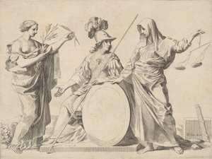 Minerva flankeret af fred og retfærdighed Armoires de Gallard et de Mesmes. af Claude Mellan