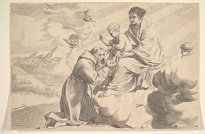 Frans af Assisi tilbeder Kristusbarnet på jomfruernes skød.