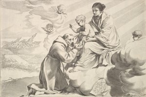 Frans af Assisi tilbeder Kristusbarnet på jomfruernes skød.