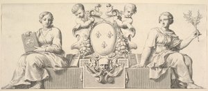 Frankrigs våben ledsaget af personifikationer af lov og god tro, 1664. af Claude Mellan