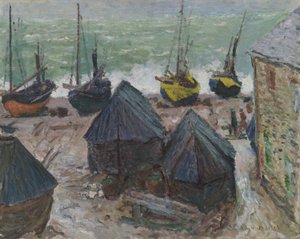 Både på stranden ved Étretat af Claude Monet